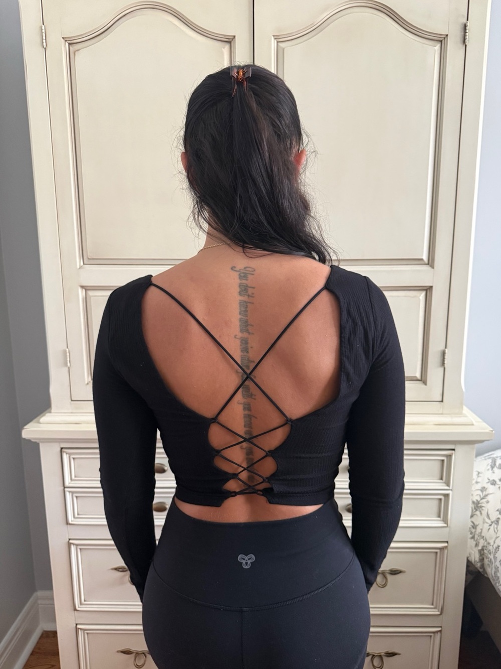 Garage Black Long Sleeve Lace-Up Back Crop Top